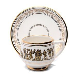 Vintage Arguros 24K Gold Greek Ceramic Cup & Saucer Set Handmade Greece White